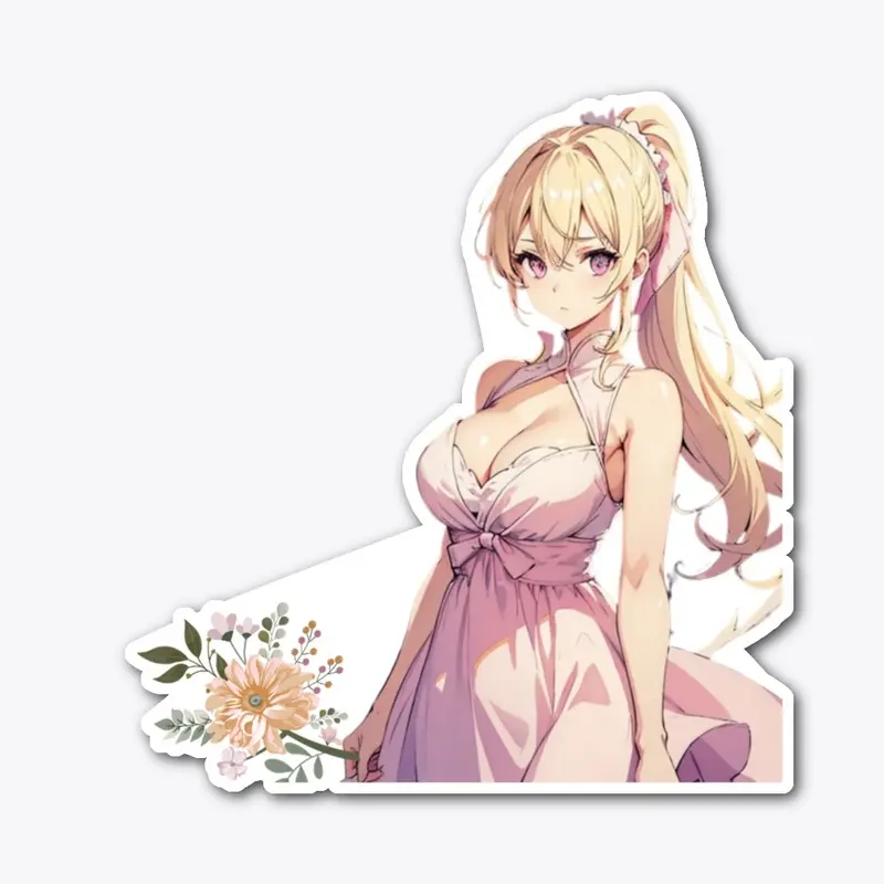 Innocent Blond Waifu Holding Flowers